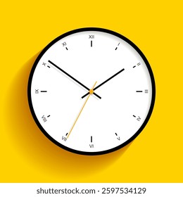 Clock icon in flat style with Roman numbers. Round timer on yellow background. Simple business watch. Vector design element for you project