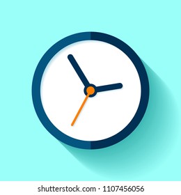 Clock icon in flat style, round timer on blue background. Simple business watch. Vector design element for you project