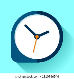 Clock icon in flat style, round timer on blue background. Simple business watch. Vector design element for you project