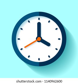 Clock icon in flat style, round timer on blue background. Four o'clock. Simple watch. Vector design element for you business projects