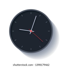 Clock icon in flat style, round black timer on white background. Four minutes past nine. Simple watch. Vector design element for you business projects