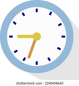 Clock icon in flat style, round timer on blue background. Simple watch. Vector design element for you business projects 9pm none o'clock with shadow