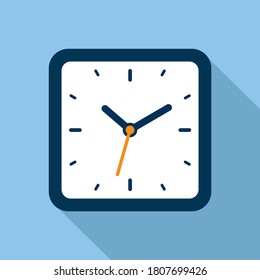 Clock icon in flat style, square timer on blue background. Business watch. Vector design element for you project