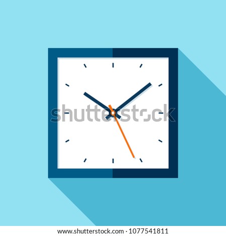 Clock icon in flat style, square timer on blue background. Business watch. Vector design element for you project