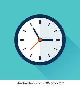 Clock icon in flat style, timer on blue background. Business watch. Clock Vector Design and Illustration