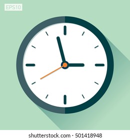 Clock icon in flat style, timer on color background. Vector design element