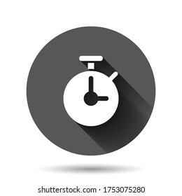 Clock icon in flat style. Watch vector illustration on black round background with long shadow effect. Timer circle button business concept.