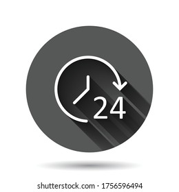 Clock icon in flat style. Watch vector illustration on black round background with long shadow effect. Timer circle button business concept.