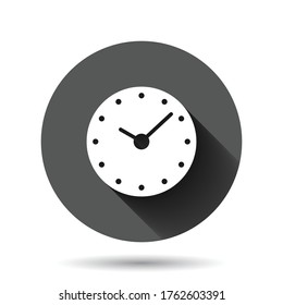 Clock icon in flat style. Watch vector illustration on black round background with long shadow effect. Timer circle button business concept.