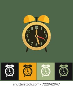 Clock icon. Flat vector illustration on different colored backgrounds. Golden analog clock with alarm