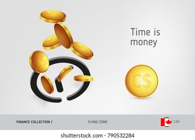 Clock icon with flying Canadian Dollar coins, finance concept. Vector illustration for print, websites, web design, mobile app, infographics.