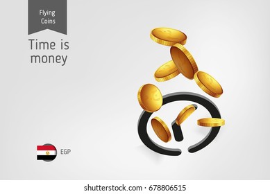 Clock icon with flying Egyptian Pound coins, finance concept.