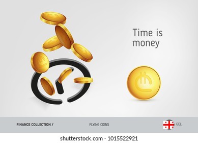 Clock icon with flying Georgian Lari coins, finance concept. Vector illustration for print, websites, web design, mobile app, infographics.