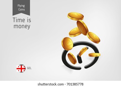 Clock icon with flying Georgian Lari coins, finance concept.