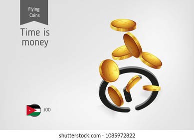 Clock icon with flying Jordanian Dinar coins, finance concept. Vector illustration for print, websites, web design, mobile app, infographics.