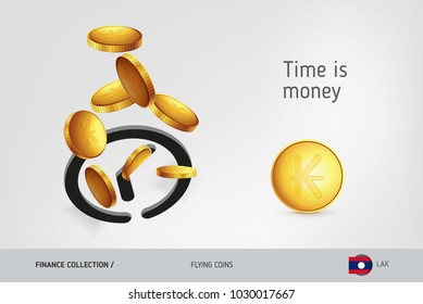 Clock icon with flying Lao Kip coins, finance concept. Vector illustration for print, websites, web design, mobile app, infographics.