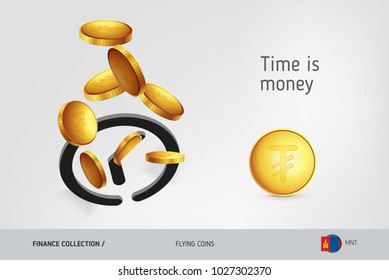 Clock icon with flying Mongolian Tughrik coins, finance concept. Vector illustration for print, websites, web design, mobile app, infographics.