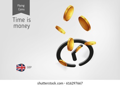 Clock icon with flying pound sterling coins, finance concept.