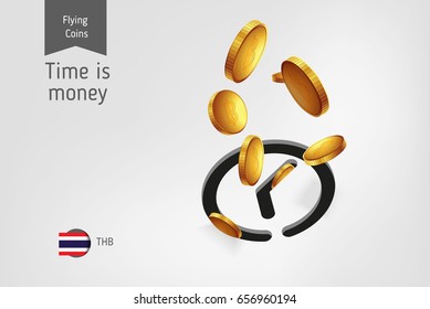 Clock icon with flying Thai Baht coins, finance concept.