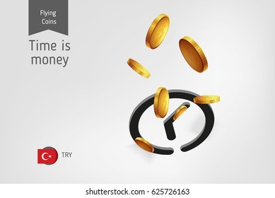 Clock icon with flying turkish lira coins, finance concept.