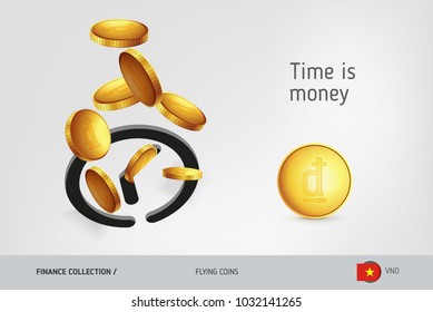 Clock icon with flying Vietnamese Dong coins, finance concept. Vector illustration for print, websites, web design, mobile app, infographics.