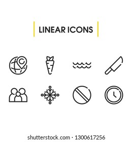 Clock icon with forbidden, wave and snowflake symbols. Set of wave, ice, stop icons and ban concept. Editable vector elements for logo app UI design.