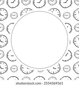 clock icon frame. doodle clock icon circle frame. hand drawn clock icon frame background. clock icon background