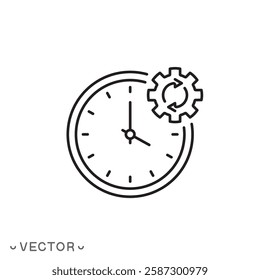 clock icon with gear vector, time update concept, change hour or minute, thin line symbol isolated on white background, editable stroke eps 10 vector illustration