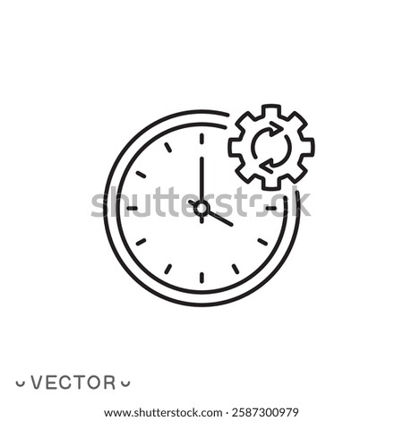 clock icon with gear vector, time update concept, change hour or minute, thin line symbol isolated on white background, editable stroke eps 10 vector illustration