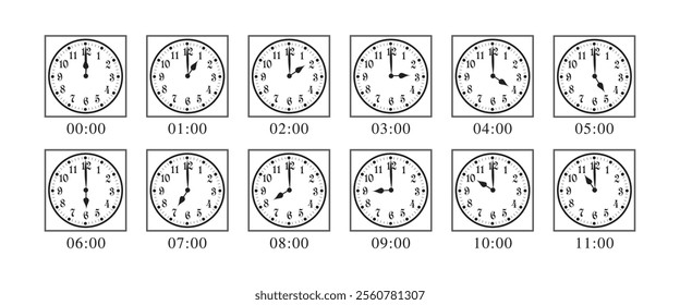 Clock icon illustration set material - Clock 12 hours (black transparent) Flat vector illustration.