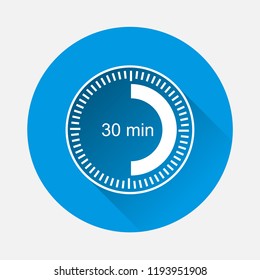 Clock icon indicating  time interval of 30 minute on blue background. Flat image thirty minutes with long shadow.  Layers grouped for easy editing illustration. For your design.