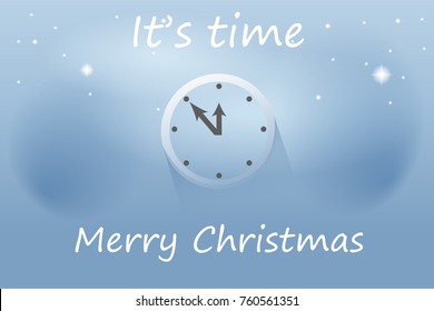 Clock icon isolated on blue snowy background. Flat clock, paper icon. For web site, poster, placard and wallpaper. Useful for greeting card and invitation card template. Christmas concept 2018