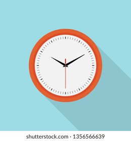 Clock icon with long shadow on blue background, flat design style