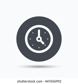 Clock icon. Mechanical watch symbol. Flat web button with icon on white background. Gray round pressbutton with shadow. Vector