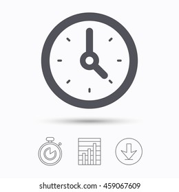 Clock icon. Mechanical watch symbol. Stopwatch, chart graph and download arrow. Linear icons on white background. Vector