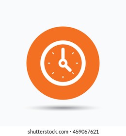 Clock icon. Mechanical watch symbol. Orange circle button with flat web icon. Vector