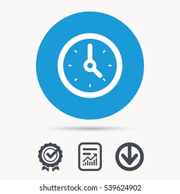 Clock icon. Mechanical watch symbol. Achievement check, download and report file signs. Circle button with web icon. Vector
