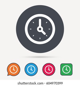 Clock icon. Mechanical watch symbol. Circle, speech bubble and star buttons. Flat web icons. Vector