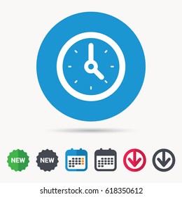 Clock icon. Mechanical watch symbol. Calendar, download arrow and new tag signs. Colored flat web icons. Vector