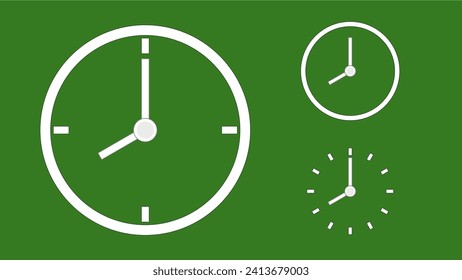 Clock icon, minimal style. arrow show8 hr. from number 12 to 8. on the christmas green background