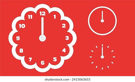 Clock icon, minimal style. arrow show12 hr. from number 12 to 12. on the red background