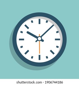 Clock icon in modern flat style. Wall clock isolated on blue background. Time icon vector with shadow. Vector illustration.