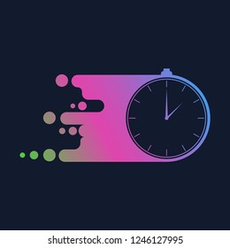 Clock icon in motion. Done in neon shades. Isolated on dark blue background.