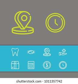 Clock icon with muscle, calculator and 3d pin editable symbols. Set of medical, hour, calculate icons and hour concept. Editable vector elements for logo app UI design.