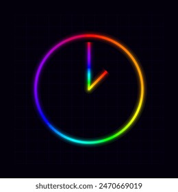 Clock icon, neon rainbow visuals, gradient mesh graphics, glowing colorful aesthetic.