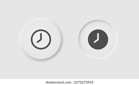 Clock icon in neumorphism style. Icons for business, white UI, UX. Time symbol. Miute, deadline, date, watch, period, analog wall clock. Neumorphic style. 