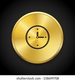 Clock icon on round golden button. Vector background.