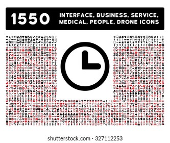 Clock icon and other web interface, business, tools, people, medical service and awards vector symbols. Style is bicolor flat symbols, intensive red and black colors, rounded angles, white background.