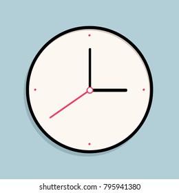 Clock icon over blue. Three o'clock. Vector illustration