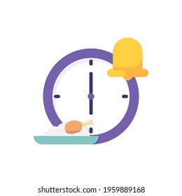 clock icon, plate of rice, fried chicken, bell. concept of schedule, iftar time, alarm or reminder. flat style. vector illustration design